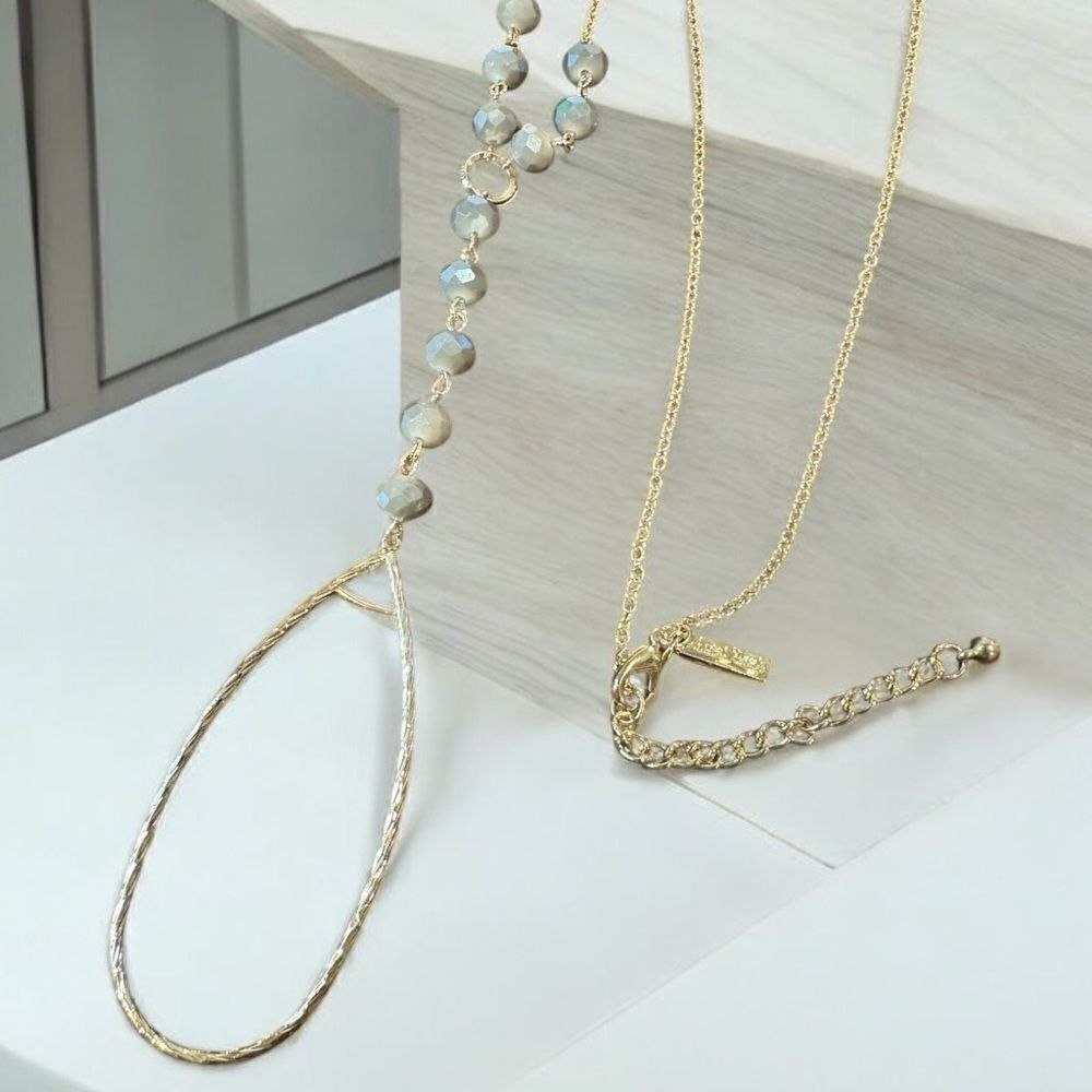 NWT Gold Tone Long Grey Bead Necklace